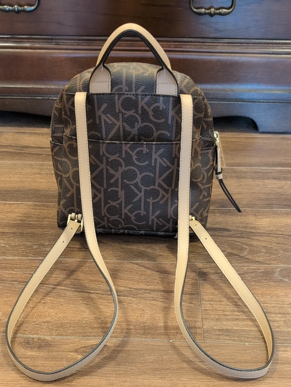 Calvin Klein Brown Monogram Mini Backpack with Tan Handle